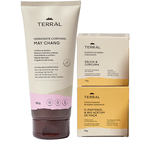 Kit 1 Shampoo Cúrcuma, Condicionador D-Pantenol e Creme Corporal May Chang