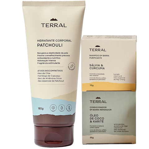 Kit 2 Shampoo Sálvia & Cúrcuma, Condicionador Óleo de Coco & Karité e Creme Corporal Patchouli Dark & Chia